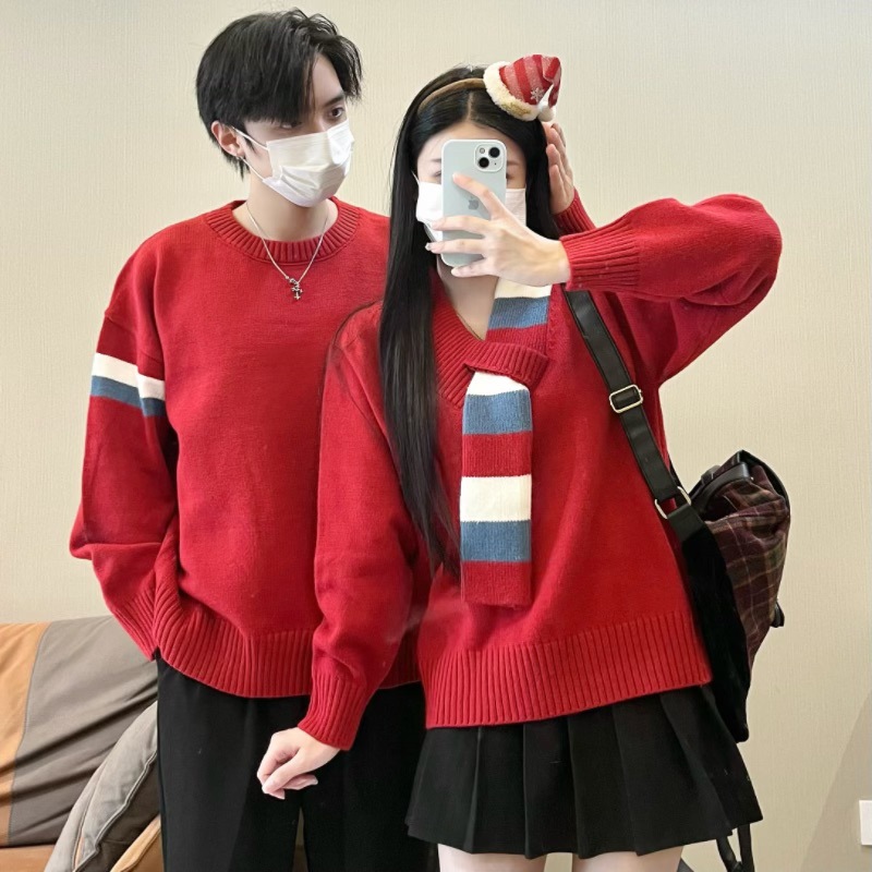 커플 새해 가을 겨울 크리스마스 빨간 니트 스웨터 토스트 두꺼운 스웨터