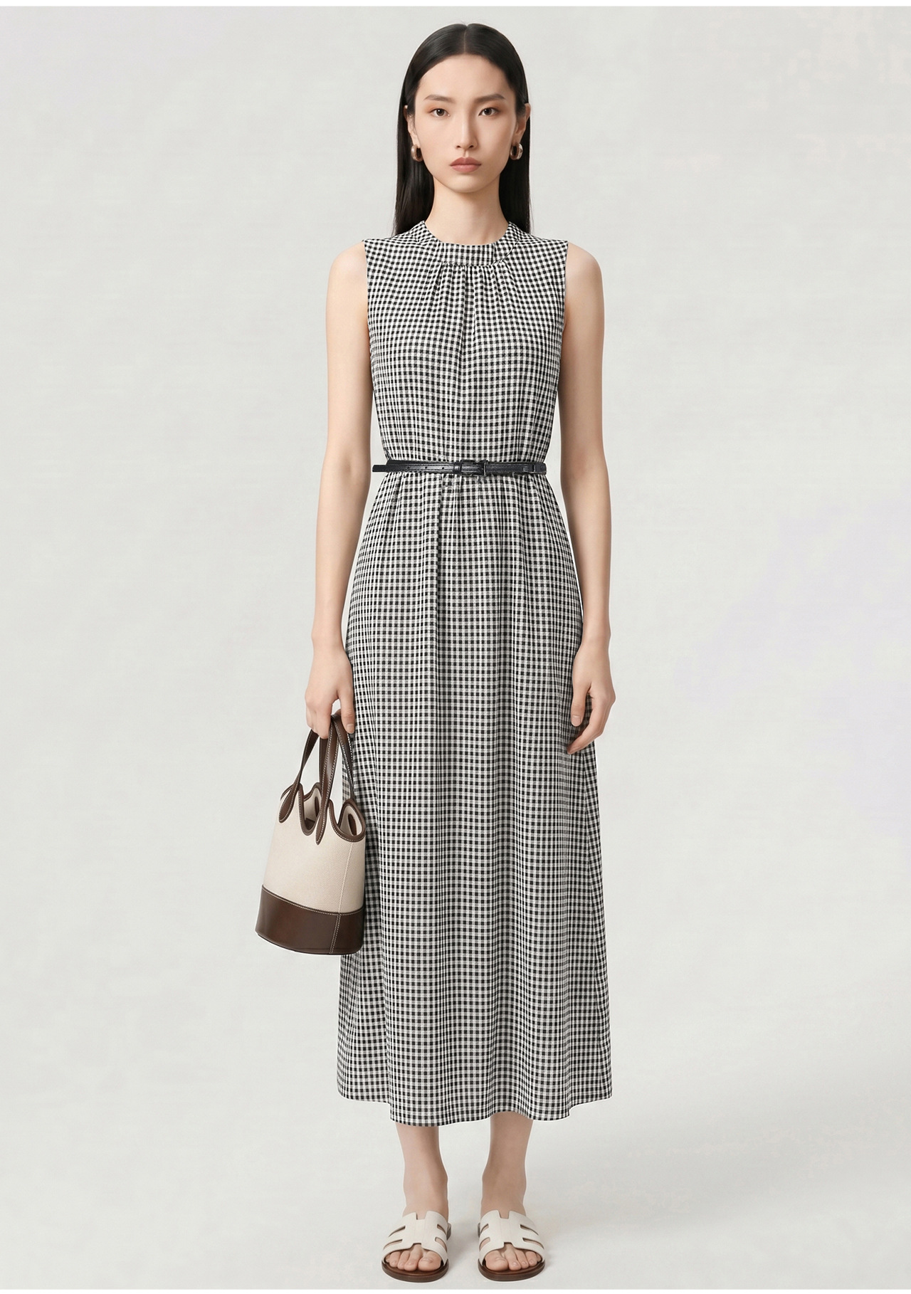 Đầm maxi nữ thắt eo họa tiết kẻ ô cổ điển, tay không, phong cách Pháp — Lưới đen trắng chi tiết 5
