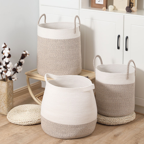 Japanese-style cotton rope woven storage basket round debris storage box cotton cord with handle dirty clothes basket toy basket organizing basket