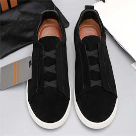 2026新款男士一脚蹬磨砂真皮乐福鞋时尚休闲鞋交叉松紧带套脚板鞋