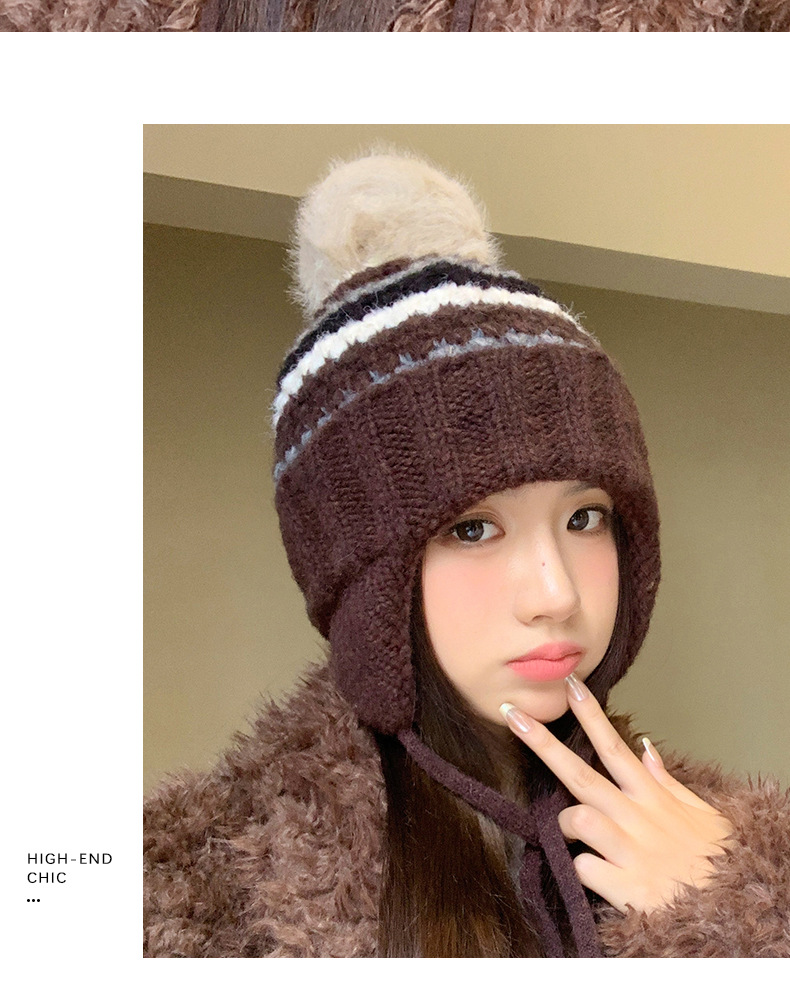 New Retro Fair Isle Style Warm Thickened Fleece-Lined Winter Knitted Hat, Cold-Proof Ear Protection, Tie-Up Wool Hat_voghion.com