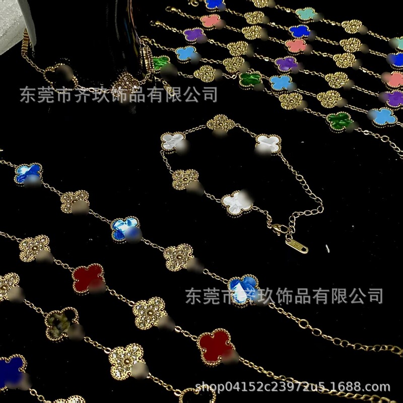 Popular Non-Fading Titanium Steel Double-Sided 15mm Four-Leaf Clover Diamond-Encrusted Bracelet 18K Five-Leaf Bracelet
