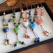 新款创意复古民族风手工编织长款毛衣链文艺百搭陶瓷爱心项链配饰