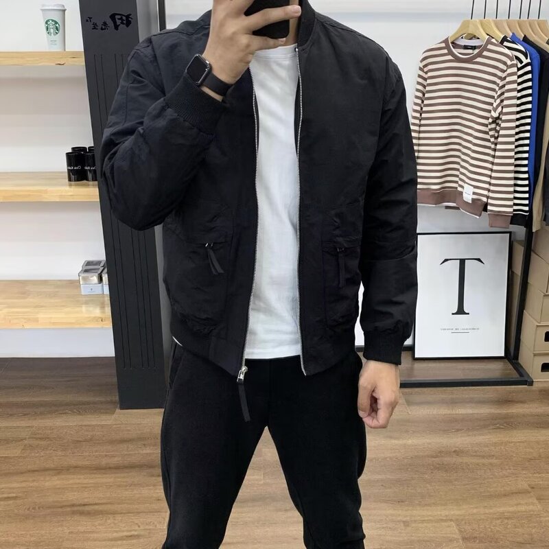 跨境春秋季修身夹克男百搭宽松工装立领外套男休闲运动显瘦夹克男|undefined