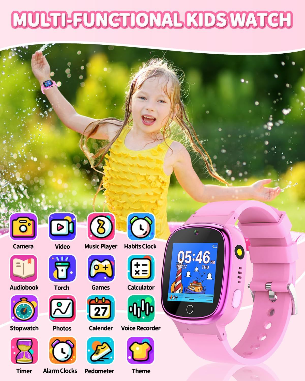 Children's smartwatch with 24 games, 1.4-inch touch screen, camera, video, music player and pedometer Application Scenario