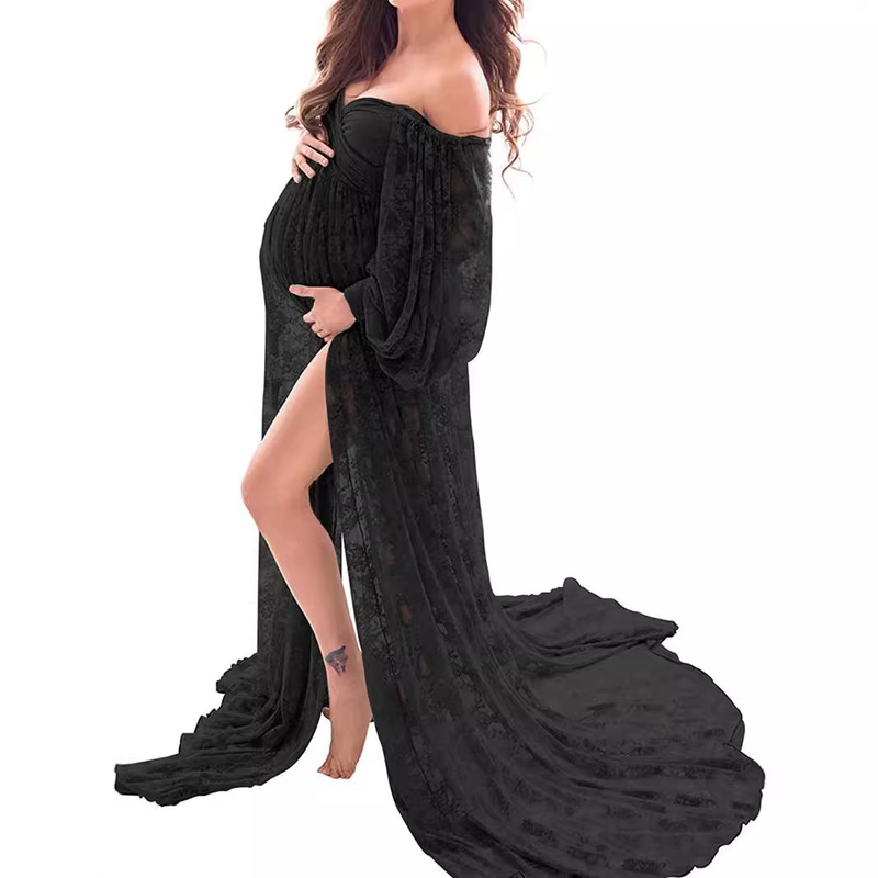 Spring and Autumn Fashionable Hot Mom's Unique Summer Skirt Clothes Summer Long Sleeve Lace Pregnant Women's Dress pink White Black