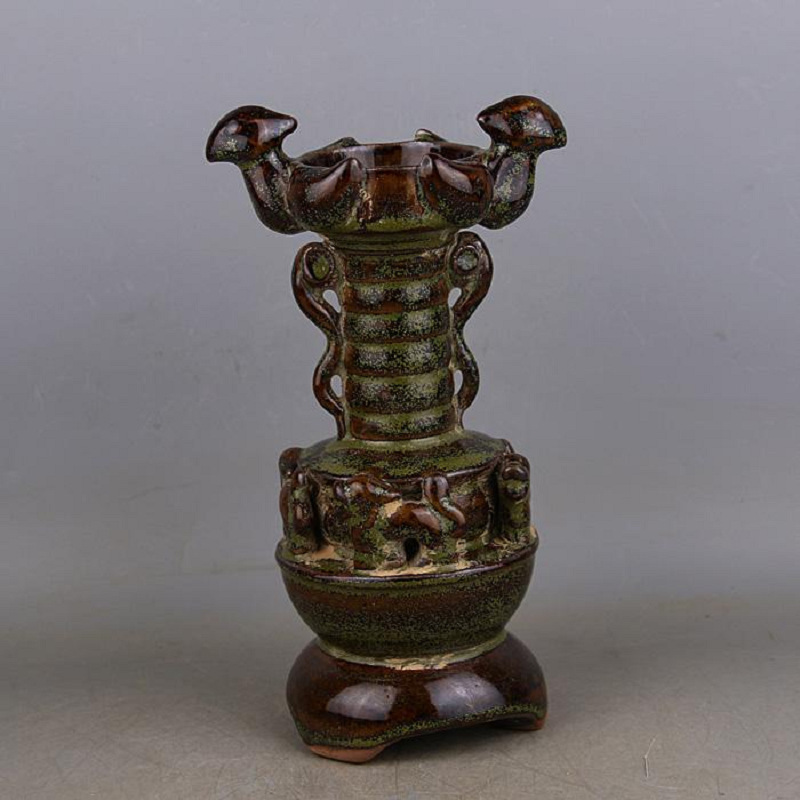 Song Dynasty Yue Kiln Tea Leaf Glaze Double Phoenix Oil Lamp Candle Holder Antique Vintage Imitation Excavated Ancient Porcelain Collectible Ornament