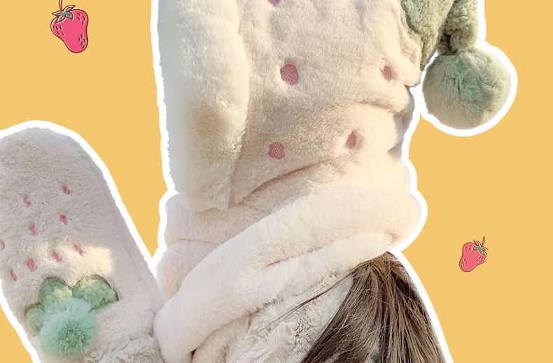 Cappello di Natale per bambini, dolce e carino, sciarpa e guanto di peluche alla fragola, in un unico pezzo, peluche invernale, addensamento caldo tre_voghion.com