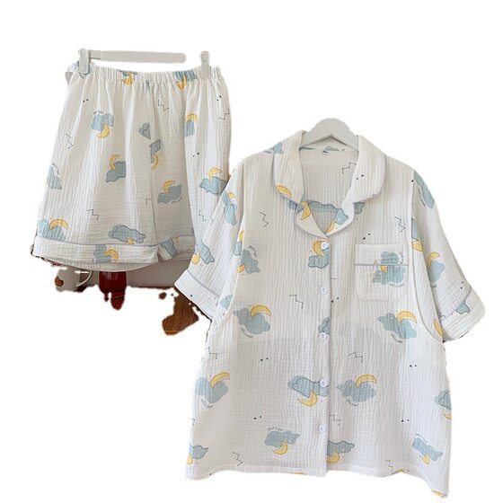 Gauze Moon Clothes Summer Nursing Pajamas Pregnant Women Pajamas Summer Cardigan Short-sleeved Home Clothes Waiting for Delivery Moon Cloud