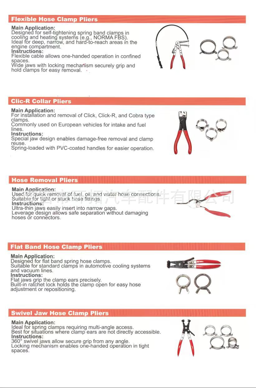 Automotive hose clamp pliers set for separating and tightening pipe fittings, hose clamp removal tool kit