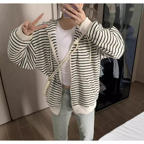 Women's Loose Hooded Striped Sweatshirt Cardigan Chic Hong Kong Style Top for Spring, Autumn, and Winter