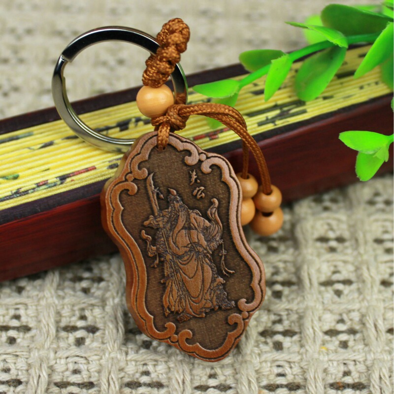 Peach Wood Carving Guan Gong Keychain Pendant Wood Carving Car Key Bag Pendant Gift Wholesale Engraved Logo