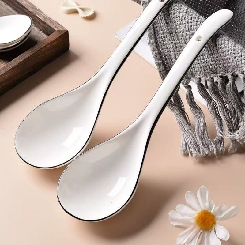 Simple línea negra cuchara de cerámica doméstica cuchara de comedor cuchara de mango largo sopa de restaurante cuchara de restaurante cuchara pequeña