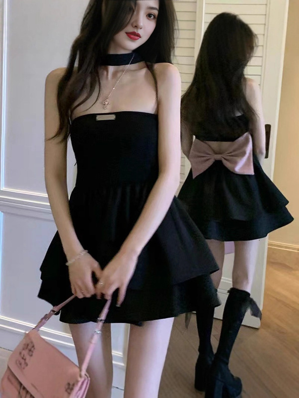 露背洋气小众纯欲裙春夏季蝴蝶结新款设计感挂脖显身材辣妹连衣裙|undefined