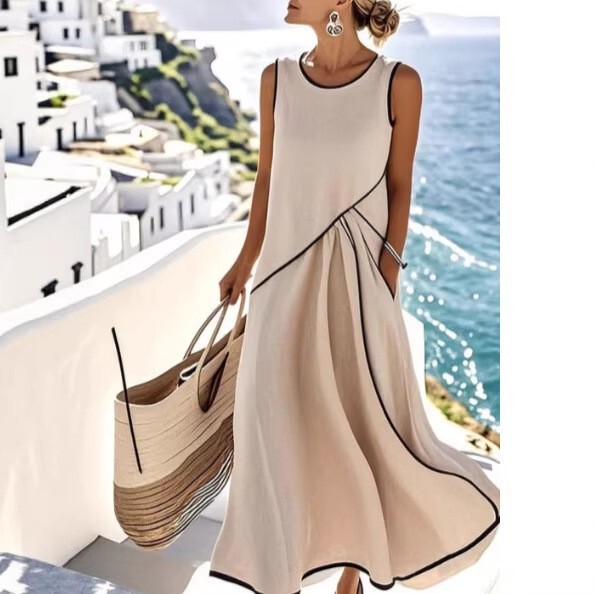 2026 New European and American Summer Women's Dress, Mediterranean Vacation Style Dress, Women's Color-Blocking Hem A-Line Dress 2026 New European and American Summer Women's Dress, Mediterranean Vacation Style Dress, Women's Color-Blocking Hem A-Line Dress
