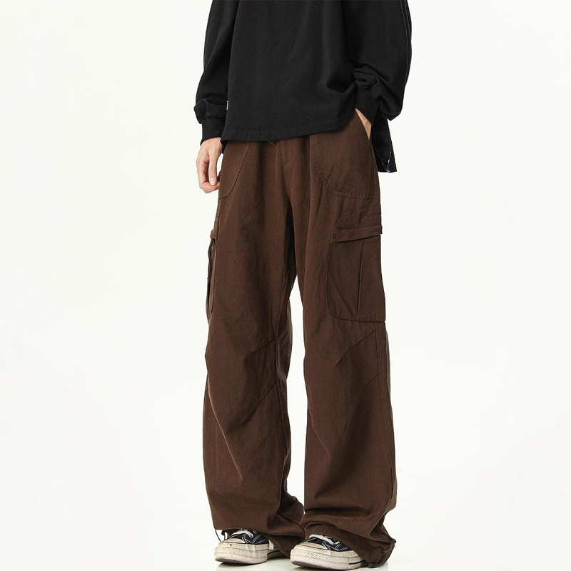 Maillard brown overalls men's summer American hiphop large pocket umbrella pants high street vintage casual pants