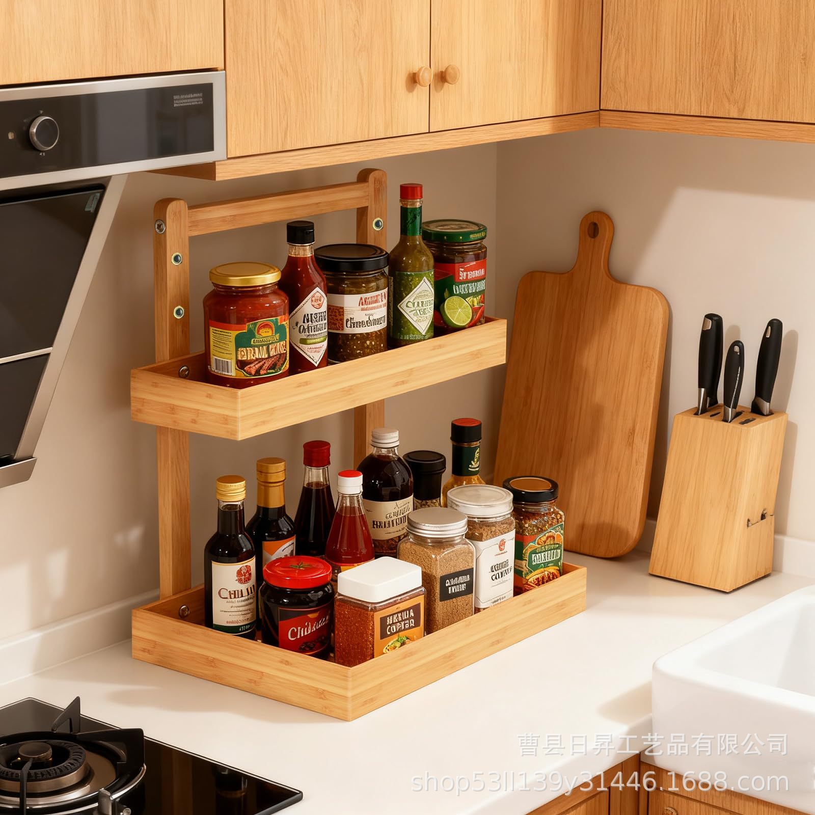 Cross-border wooden pull-out kitchen storage rack, spice bottle organizer for inside cabinets, multi-layer countertop storage and organization rack
