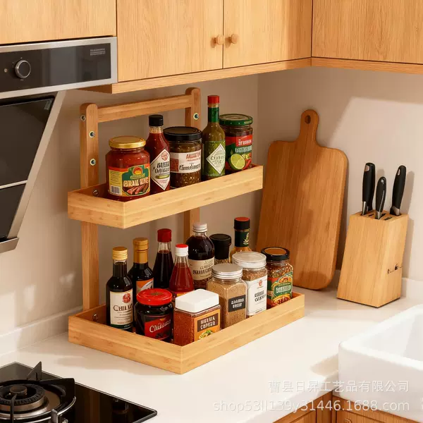 Cross-border wooden pull-out kitchen storage rack, spice bottle organizer for inside cabinets, multi-layer countertop storage and organization rack
