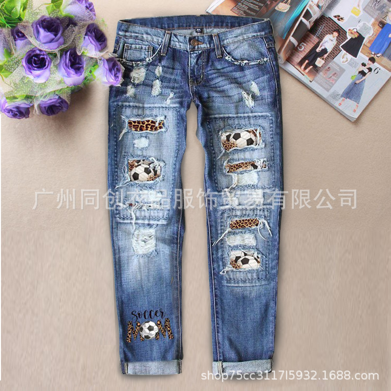 Cross-border Women's Wear 2022 Spring/Summer Leisure Street Trenders European and American Fashion Straight Pants Women's Ripped Jeans