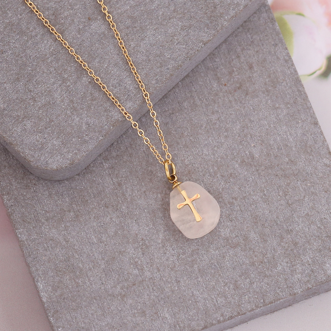 Titanium Steel Chain Material Simple Style Cross Natural Stone Titanium Steel Wholesale Pendant Necklace