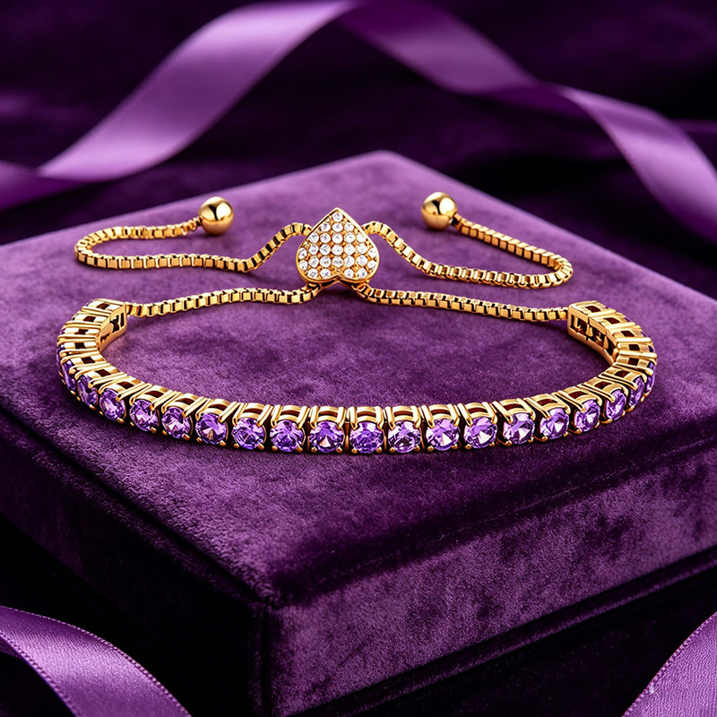 European and American Style Light Luxury Purple Round Zircon Tennis Bracelet, 316 Stainless Steel, Adjustable Pull Chain, Heart Clasp, Same Style as Internet Celebrities