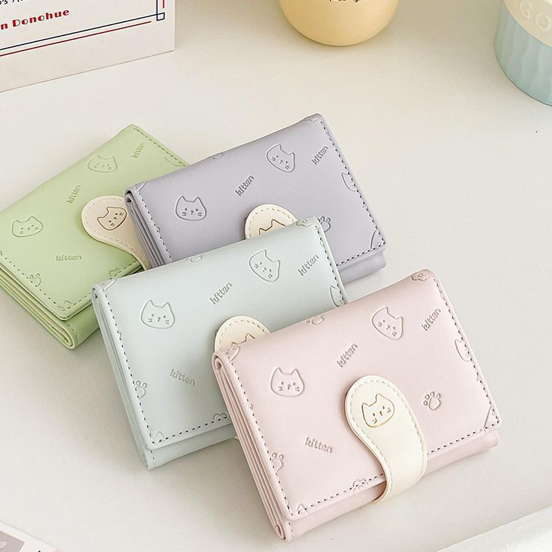 70% off Wallet Cute Cat Snap Button Small Tail Cute Women's Card Holder Fashion Buckle Cartoon Print Pu Short Style