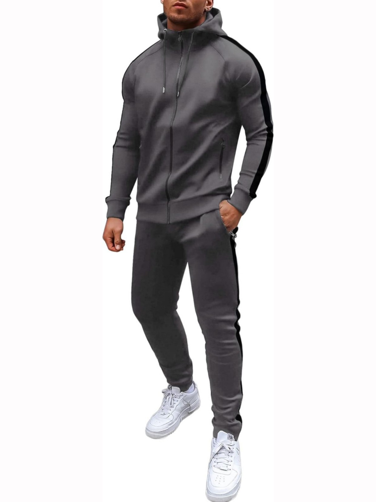 欧米の男性カジュアルスポーツスーツファッションジッパーフードコートフィットネスパンツ男女ランニング2点セット