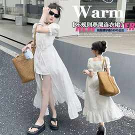 女童2026春季新款仙女泡泡袖森系甜美白色燕尾连衣裙中大童长裙