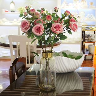 Original Simulation 4 Head Spring Champagne Rose Home Decoration Wedding Props Photography Fake Flower Single Branch Cloth Rose