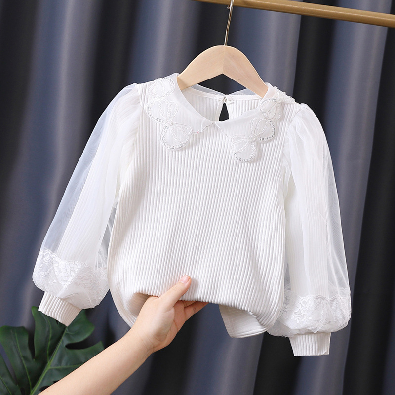 Girls' Spring and Autumn Thin Long-Sleeved Cotton Ribbed Undershirt, Little Girl's Puff Sleeve T-Shirt 7