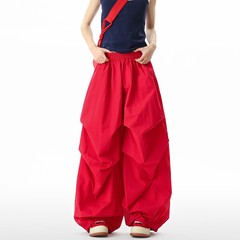 夏の女性と男性のためのアメリカンレトロな赤いワイドレッグカジュアルパンツ、レイジーでリラックスしたプリーツパラシュートパンツ、ドレープフロアレングスパンツ