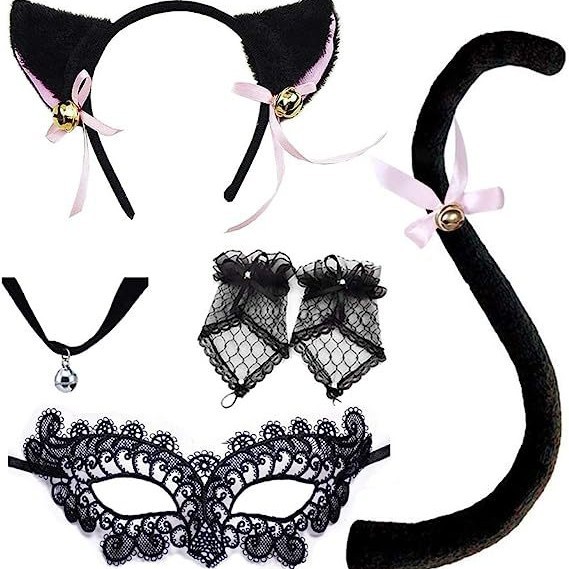 Disfraz de princesa gato para Halloween, diadema con orejas de gato, máscara de ojos de encaje negro, máscara facial.