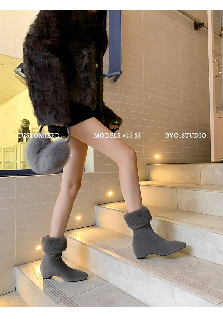 Boot nữ cổ cao lông cừu mũi vuông tăng chiều cao — cà phê nâu, màu xám, quả mơ chi tiết 12