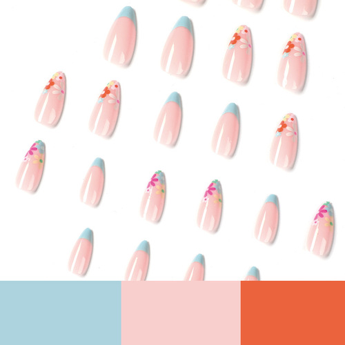 穿戴式美甲批发穿戴甲法式蓝边小花美甲 穿戴甲 press on nails