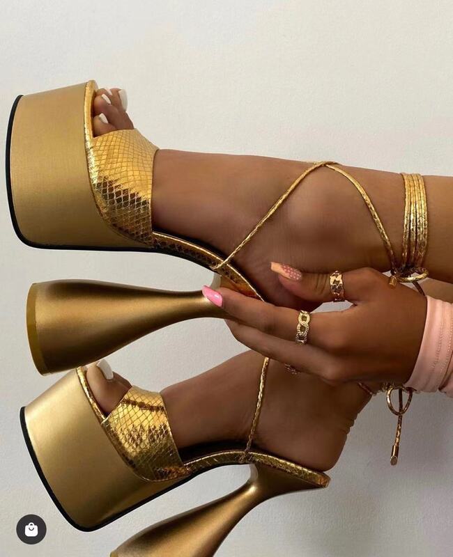 2021 Summer Peep-Toe Lace-Up Chunky Ultra-High Heel Women's Sandals with 16cm Waterproof Platform, European and American Style, Versatile and Height-Enhancing