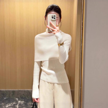 韩系披肩毛衣两件套女高级感气质简约纯色高领叠穿上衣时尚新款