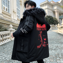 外贸男装长袖毛领中长款保暖棉衣青少年修身男士印花连帽加厚棉衣