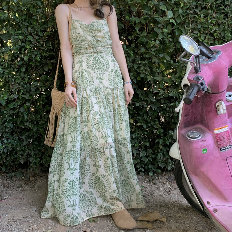 Chubby Lengthened High-end Bohemian Printed Chiffon Sling dress Elegant Slim-fit Seaside Holiday Dress