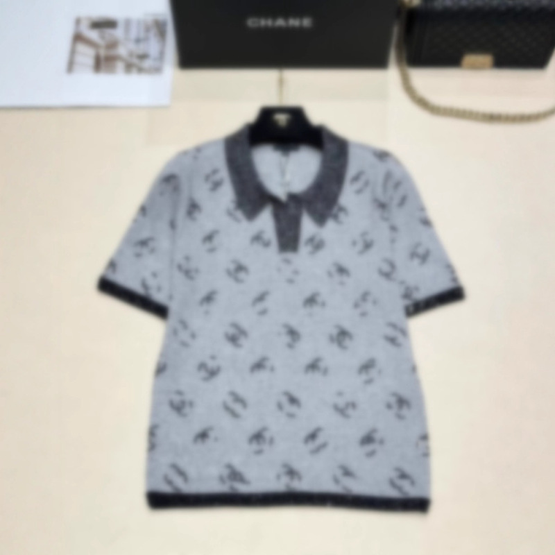 High-End Version of Ch's 25 Summer New Knit Round-Neck Short-Sleeve Top with Iconic Double C Element in Silver Gray High-End Version of Ch's 25 Summer New Knit Round-Neck Short-Sleeve Top with Iconic Double C Element in Silver Gray