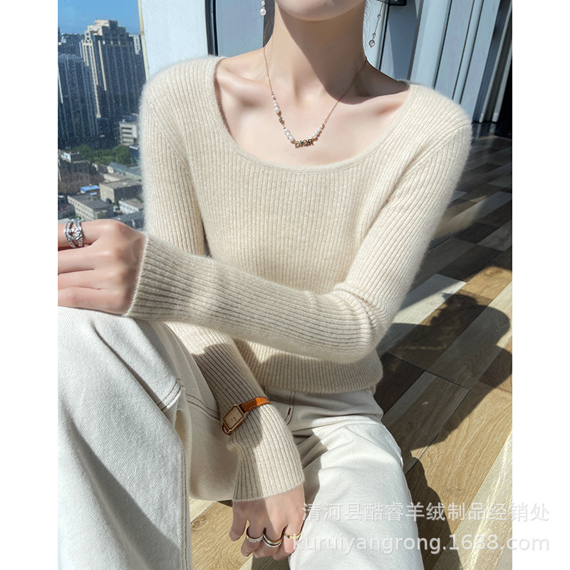 Autumn and winter New U-collar pure wool sweater women's short large round neck top bottoming cashmere slim sweater