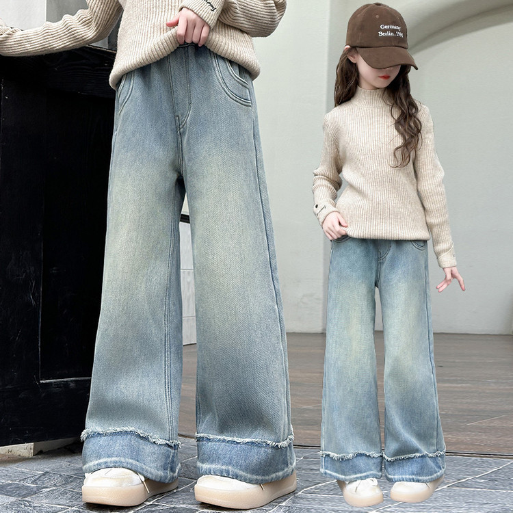 春秋新款女童裤子2025宽松直筒牛仔裤儿童中大童时尚洋气爆款简约