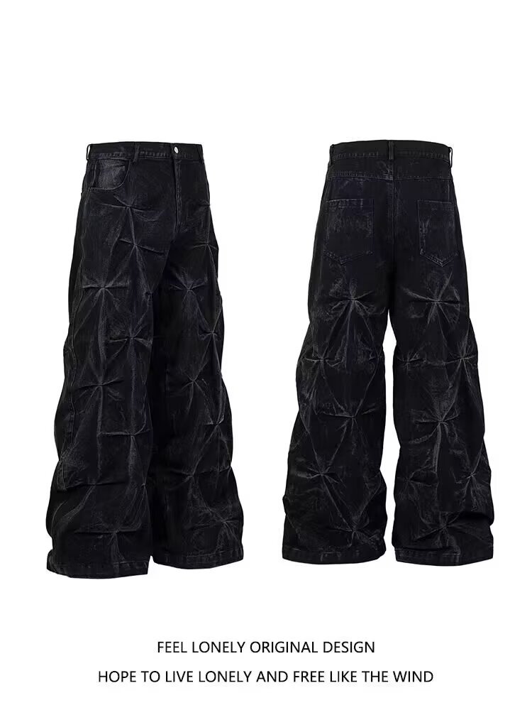 Jeans uomo nero stile retrò con pieghe gamba larga oversize_voghion.com