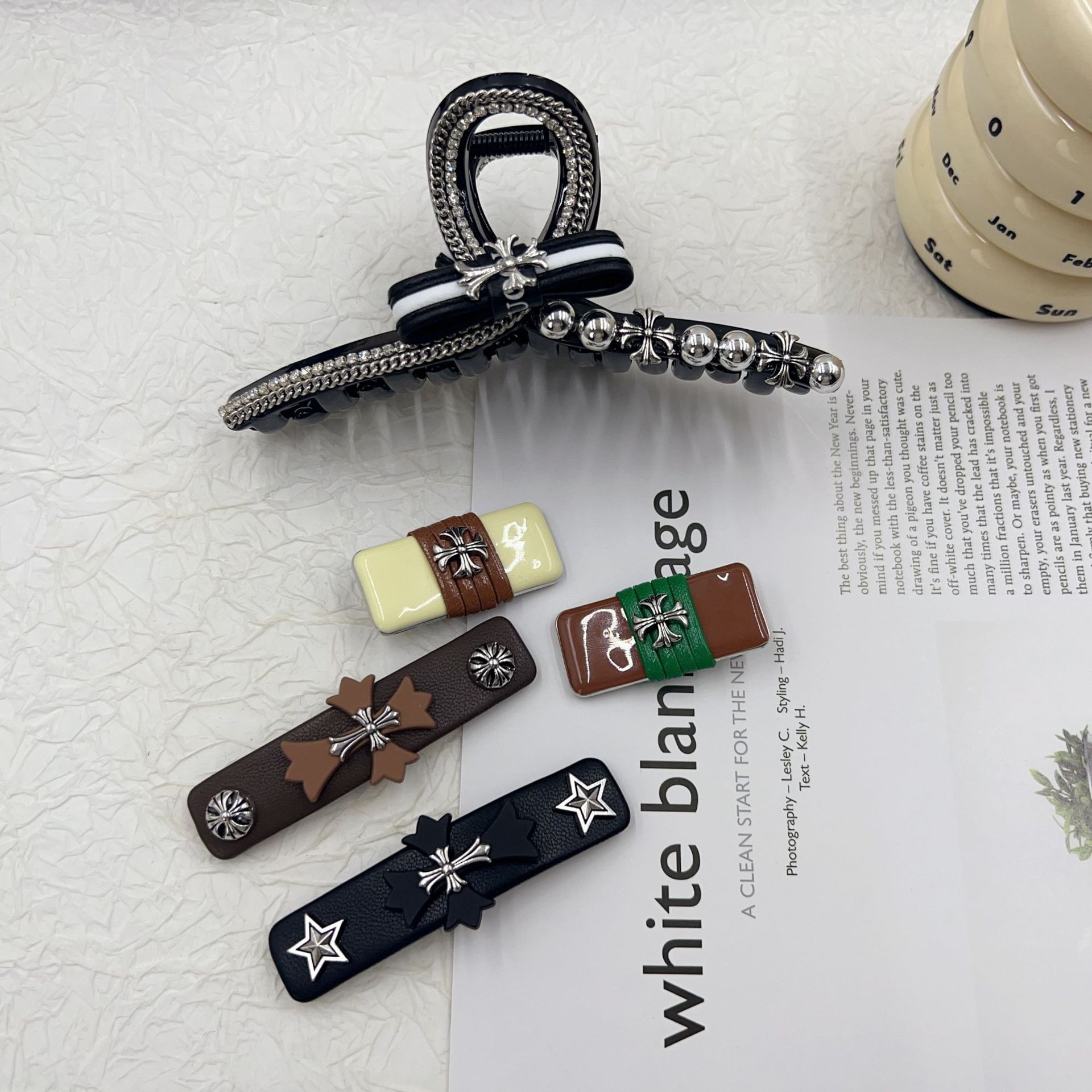 新款ins風復古十字架後腦勺盤發抓夾甜酷百搭皮質劉海夾時尚髮飾