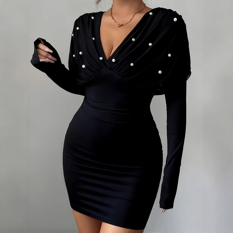 Pearl Decorated Black Waist Elastic Skirt Elegant Slimming Ladylike Long-Sleeved Dress