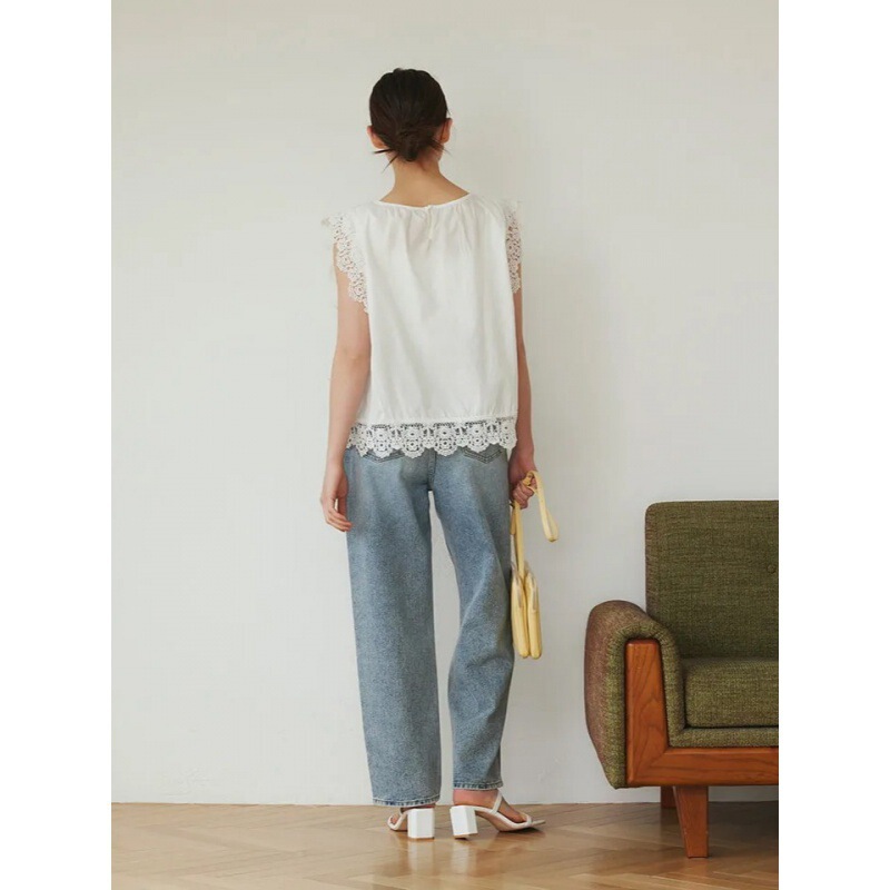 White-Collar Women's Fashionable Japanese Slim Lace Splicing Shirt Cotton Shirt Top Summer