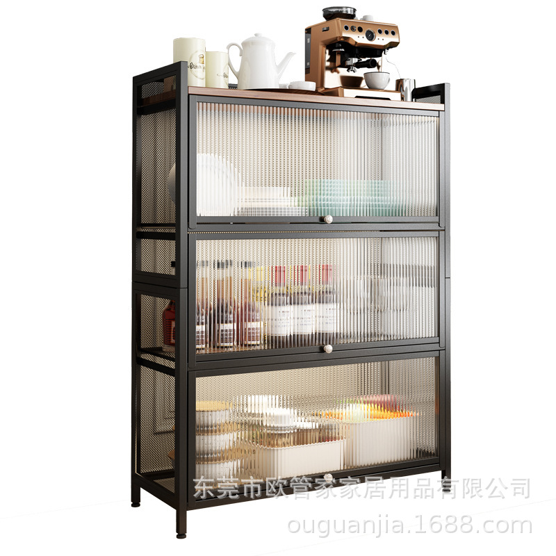 Piso de la cocina estante de almacenamiento de acero al carbono de múltiples capas a prueba de polvo gabinete con la puerta del gabinete horno de microondas olla rack de almacenamiento transfronterizo