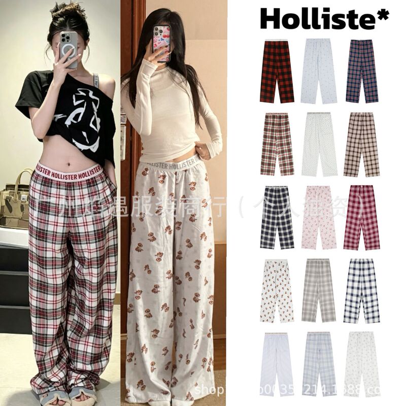 Korean Holliste* Little Seagull Plaid Trousers with Dog Print Casual Pants Slimming Ribbon Sleep Pants for Women in Stock