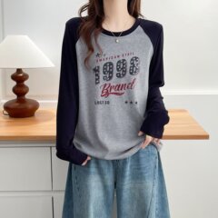 秋季新款大码女装百搭复古印花拼色长袖T恤胖妹妹打底衫内搭8393