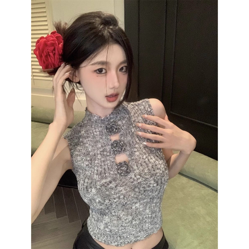 2025 Spring/Summer Hong Kong Style Hot Girl Three-Dimensional Flower Hollow Short Slim Fit Tank Top Slimming Knitwear Trend 2025 Spring/Summer Hong Kong Style Hot Girl Three-Dimensional Flower Hollow Short Slim Fit Tank Top Slimming Knitwear Trend