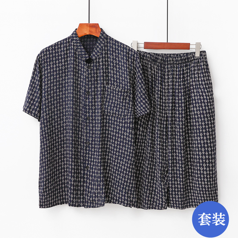 中老年男士棉绸套装夏季薄款大码人造棉短袖开衫短裤两件套家居服